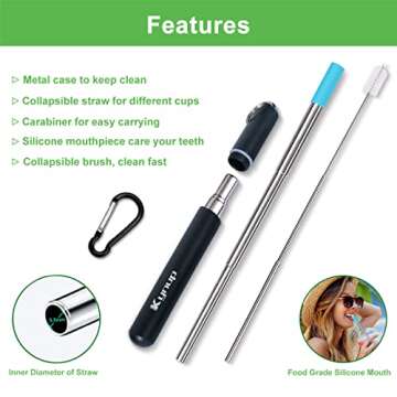 Kynup 4Packs Reusable Straws, Metal Straw with Silicon, Travel Drinking Straws with Metal Case, Keychain, Cleaning Brushes, Silicon Pcs Perfect for Travel, Gifts (20 PCS) Blue-Black-Silver-Turquoise