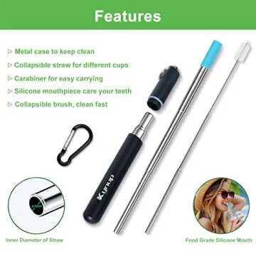 Kynup 4Packs Reusable Straws, Metal Straw with Silicon, Travel Drinking Straws with Metal Case, Keychain, Cleaning Brushes, Silicon Pcs Perfect for Travel, Gifts (20 PCS) Blue-Black-Silver-Turquoise