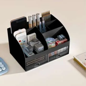 COMFYROOM Desk Organizer with 6 Compartments and 2 Drawers, Plastic Makeup Organizer, Pen Holder for Desktop Storage, Desk Organization for School, Home, Office Supplies (Black)