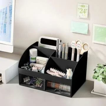 COMFYROOM Desk Organizer with 6 Compartments and 2 Drawers, Plastic Makeup Organizer, Pen Holder for Desktop Storage, Desk Organization for School, Home, Office Supplies (Black)