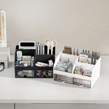 COMFYROOM Desk Organizer with 6 Compartments and 2 Drawers, Plastic Makeup Organizer, Pen Holder for Desktop Storage, Desk Organization for School, Home, Office Supplies (Black)