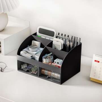 COMFYROOM Desk Organizer with 6 Compartments and 2 Drawers, Plastic Makeup Organizer, Pen Holder for Desktop Storage, Desk Organization for School, Home, Office Supplies (Black)