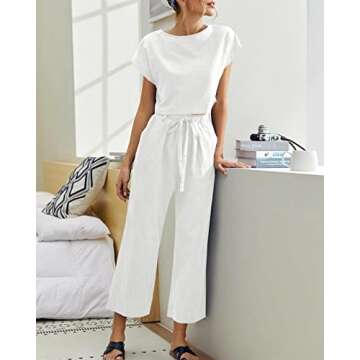 Eurivicy Women's 2 Piece Outfits Casual Short Sleeve Crop Top and Pocketed Wide Leg Pants with Belt 2pcs Loungewear Sets White