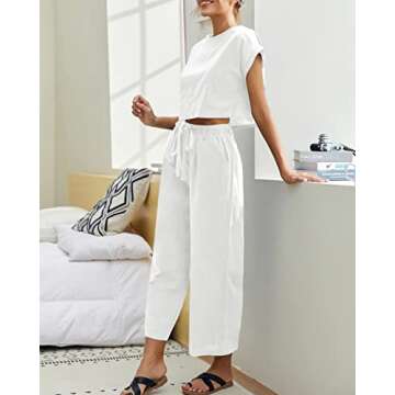 Eurivicy Women's 2 Piece Outfits Casual Short Sleeve Crop Top and Pocketed Wide Leg Pants with Belt 2pcs Loungewear Sets White