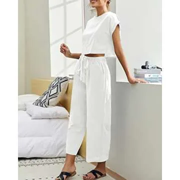 Eurivicy Women's 2 Piece Outfits Casual Short Sleeve Crop Top and Pocketed Wide Leg Pants with Belt 2pcs Loungewear Sets White