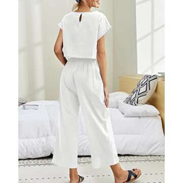 Eurivicy Women's 2 Piece Outfits Casual Short Sleeve Crop Top and Pocketed Wide Leg Pants with Belt 2pcs Loungewear Sets White