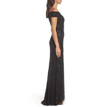 Adrianna Papell Women's Off The Shoulder Beaded Long Gown, Navy, 6