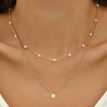 Layered Gold Pearl Necklaces, 14K Gold Plated Dainty Layered Single, Simple Pearl Choker Chain Neckl...