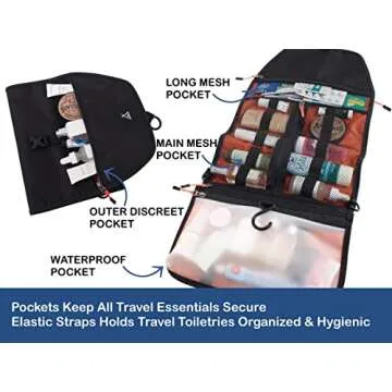 Compact Travel Toiletry Bag, Hanging Toiletry Bag for Men, Roll Up Dopp Kit Bathroom Shaving Shower Medicine Hygiene Bag for Traveling, Waterproof Lightweight Organizer for Gym Camping Grooming, Black