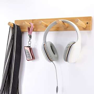 Fujinzhu Wall Mounted Coat Rack, 5-Pegs Bamboo Entryway Hat Rack for Wall, Hooks for Hanging Coats a...