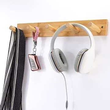 Fujinzhu Wall Mounted Coat Rack, 5-Pegs Bamboo Entryway Hat Rack for Wall, Hooks for Hanging Coats a...