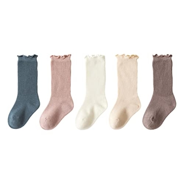 WATOCHE Baby Girls Socks Toddler Ruffle Frilly Solid Cotton Long Socks for Little Girls 5 Pairs(Soli...