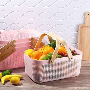 Sadnyy 4 Pcs Plastic Mesh Garden Harvest Basket Storage Basket with Wooden Handle Multi Functional M...