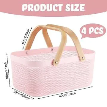 Sadnyy 4 Pcs Plastic Mesh Garden Harvest Basket Storage Basket with Wooden Handle Multi Functional Mesh Bin for Kitchen Cabinet Picnic Fruit Vegetable Gathering Organizer(Large,Pink)