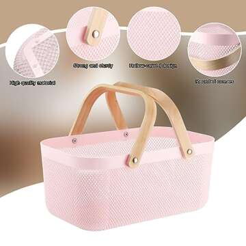 Sadnyy 4 Pcs Plastic Mesh Garden Harvest Basket Storage Basket with Wooden Handle Multi Functional Mesh Bin for Kitchen Cabinet Picnic Fruit Vegetable Gathering Organizer(Large,Pink)