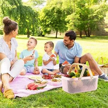 Sadnyy 4 Pcs Plastic Mesh Garden Harvest Basket Storage Basket with Wooden Handle Multi Functional Mesh Bin for Kitchen Cabinet Picnic Fruit Vegetable Gathering Organizer(Large,Pink)