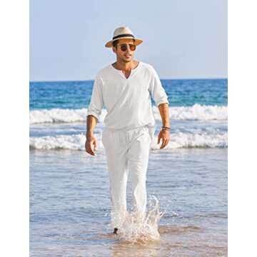 COOFANDY Men's 2 Pieces Cotton Linen Set Henley Shirt Long Sleeve and Casual Beach Pants Summer Yoga Outfits