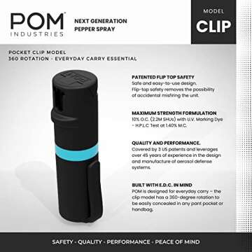 POM Pepper Spray Pocket Clip - Flip Top Safety - Maximum Strength OC Spray Self Defense - Tactical Compact & Safe Design - Quick Key Release - 25 Bursts & 10 ft Range