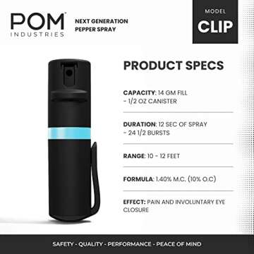 POM Pepper Spray Pocket Clip - Flip Top Safety - Maximum Strength OC Spray Self Defense - Tactical Compact & Safe Design - Quick Key Release - 25 Bursts & 10 ft Range