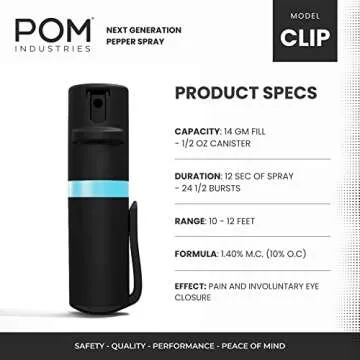 POM Pepper Spray Pocket Clip - Flip Top Safety - Maximum Strength OC Spray Self Defense - Tactical Compact & Safe Design - Quick Key Release - 25 Bursts & 10 ft Range