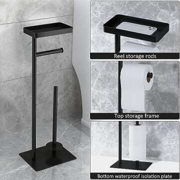 FUNPALA Toilet Paper Holder Stand-Free Standing Toilet Paper Holder,Bathroom Toilet Paper Roll Holder with Storage with Shelf Design Standing Toilet Paper Holder-Black
