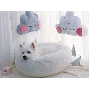 BODISEINT Modern Soft Plush Round Pet Bed for Cats or Small Dogs, Mini Medium Sized Dog Cat Bed Self Warming Autumn Winter Indoor Snooze Sleeping Cozy Kitty Teddy Kennel (24'' D x 8'' H, White)