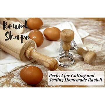 Ravioli Maker Cutter Stamp Set – Leading Dough Cutter and Press Stamps with Wooden Handle –for Ravioli, Pasta, Dumplings Lasagna, Pierogi – Upgraded 2019 3Pcs Stamps, 1 Pasta/Pastry Cutter Wheel