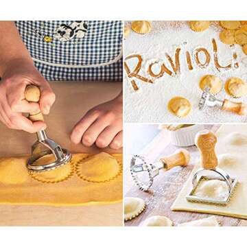 Ravioli Maker Cutter Stamp Set – Leading Dough Cutter and Press Stamps with Wooden Handle –for Ravioli, Pasta, Dumplings Lasagna, Pierogi – Upgraded 2019 3Pcs Stamps, 1 Pasta/Pastry Cutter Wheel