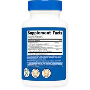 Nutricost Tongkat Ali 1,000mg 60 Capsules - with Tribulus Terrestris and BioPerine, Vegetarian Caps, Non-GMO, Gluten Free, Potent Extract