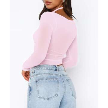 KIGRAD Women Y2K Long Sleeve Sheer Mesh Crop Tee Tops Square Neck Asymmetric Going Out Top Tshirt Fall Concert Outfits Pink