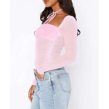 KIGRAD Women Y2K Long Sleeve Sheer Mesh Crop Tee Tops Square Neck Asymmetric Going Out Top Tshirt Fall Concert Outfits Pink