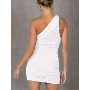 LYANER Women's Sexy One Shoulder Ruched Sleeveless Bodycon Mini Short Dress White Small