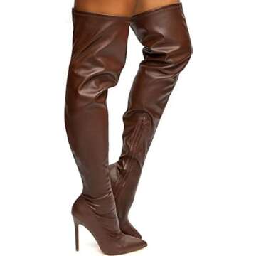 Liliana DB54 Women Pointy Toe Thigh High Single Sole Stiletto Boot (Brown PU, 11)