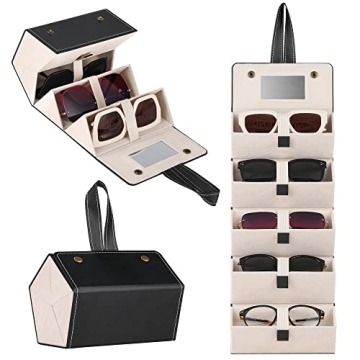 Muf Travel Sunglass Organizer, 5-Slot Leather Case for Multiple Sunglasses, with Mirror & Strap, Sto...