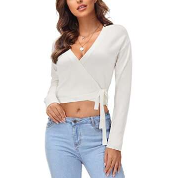 KILIG Women’s V Neck Long Sleeve Wrap Sweaters Knitted Pullover Tops(White,Small)