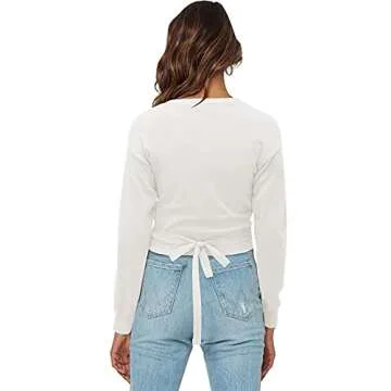 KILIG Women’s V Neck Long Sleeve Wrap Sweaters Knitted Pullover Tops(White,Small)
