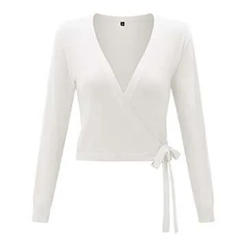 KILIG Women’s V Neck Long Sleeve Wrap Sweaters Knitted Pullover Tops(White,Small)