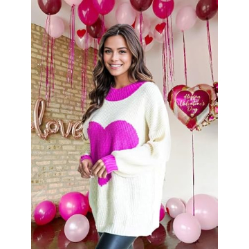 Valentine Sweater for Women Gifts for Her Batwing Sleeve Crewneck Cute Heart Oversized Sweater Womens Casual Pullover Tops Rose Red