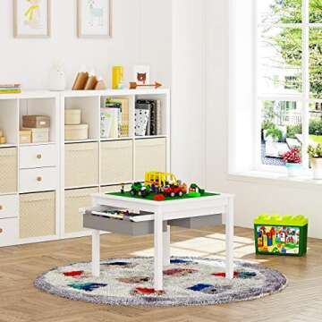 UTEX 2 in 1 Kids Construction Play Table with Storage Drawers and Built in Plate (White)