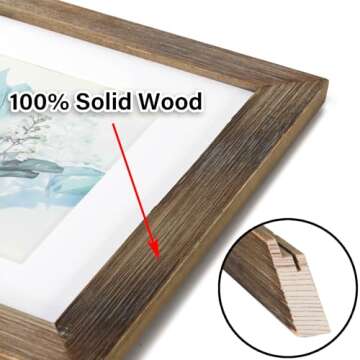 KAIWIN 100% Solid Wood Brown 11x14 Picture Frame 1 Pack Display Picture 8x10 with Mat, HD Glass Insi...