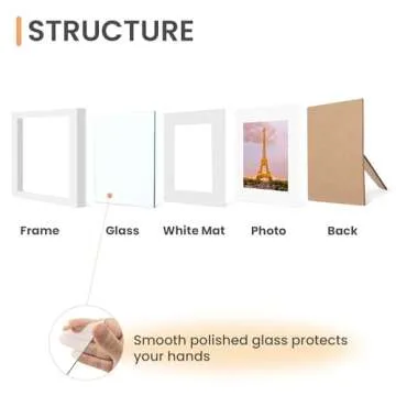 upsimples 6x6 Picture Frame Set of 3, Made of High Definition Glass for 4x4 with Mat or 6 x 6 Without, White, Wall and Tabletop Display Photo Frames