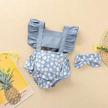 Infant Girl Jumpsuit Cartoon Print Ruffle Sleeve One-piece Romper with Headband, Newborn Baby Casual...