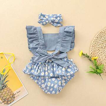 Infant Girl Jumpsuit Cartoon Print Ruffle Sleeve One-piece Romper with Headband, Newborn Baby Casual Summer Outfits (Blue Daisy, 12-18M)