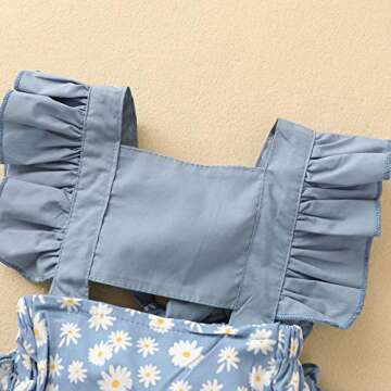Infant Girl Jumpsuit Cartoon Print Ruffle Sleeve One-piece Romper with Headband, Newborn Baby Casual Summer Outfits (Blue Daisy, 12-18M)