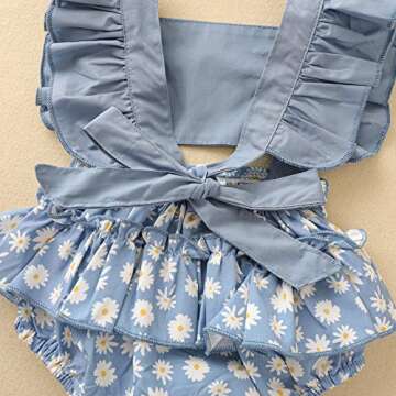 Infant Girl Jumpsuit Cartoon Print Ruffle Sleeve One-piece Romper with Headband, Newborn Baby Casual Summer Outfits (Blue Daisy, 12-18M)