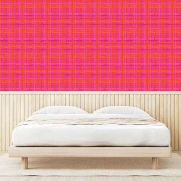 Ambesonne Abstract Peel & Stick Wallpaper for Home, Plaid Pattern Inspired Hand Drawn Vertical and Horizontal Stripes, Self-Adhesive Living Room Kitchen Accent, 13" x 100", Hot Pink and Burnt Orange