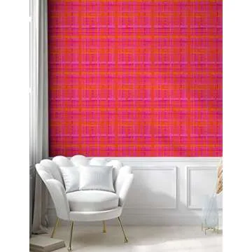 Ambesonne Abstract Peel & Stick Wallpaper for Home, Plaid Pattern Inspired Hand Drawn Vertical and Horizontal Stripes, Self-Adhesive Living Room Kitchen Accent, 13" x 100", Hot Pink and Burnt Orange