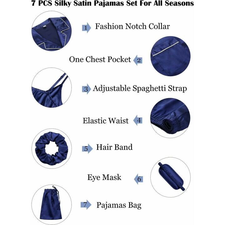 7pcs Silk Satin Pajamas Set with Eye Mask for Women