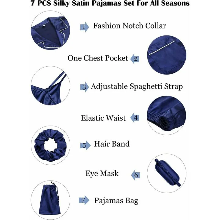 7pcs Silk Satin Pajamas Set with Eye Mask for Women