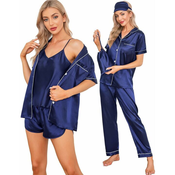 7pcs Silk Satin Pajamas Set with Eye Mask for Women